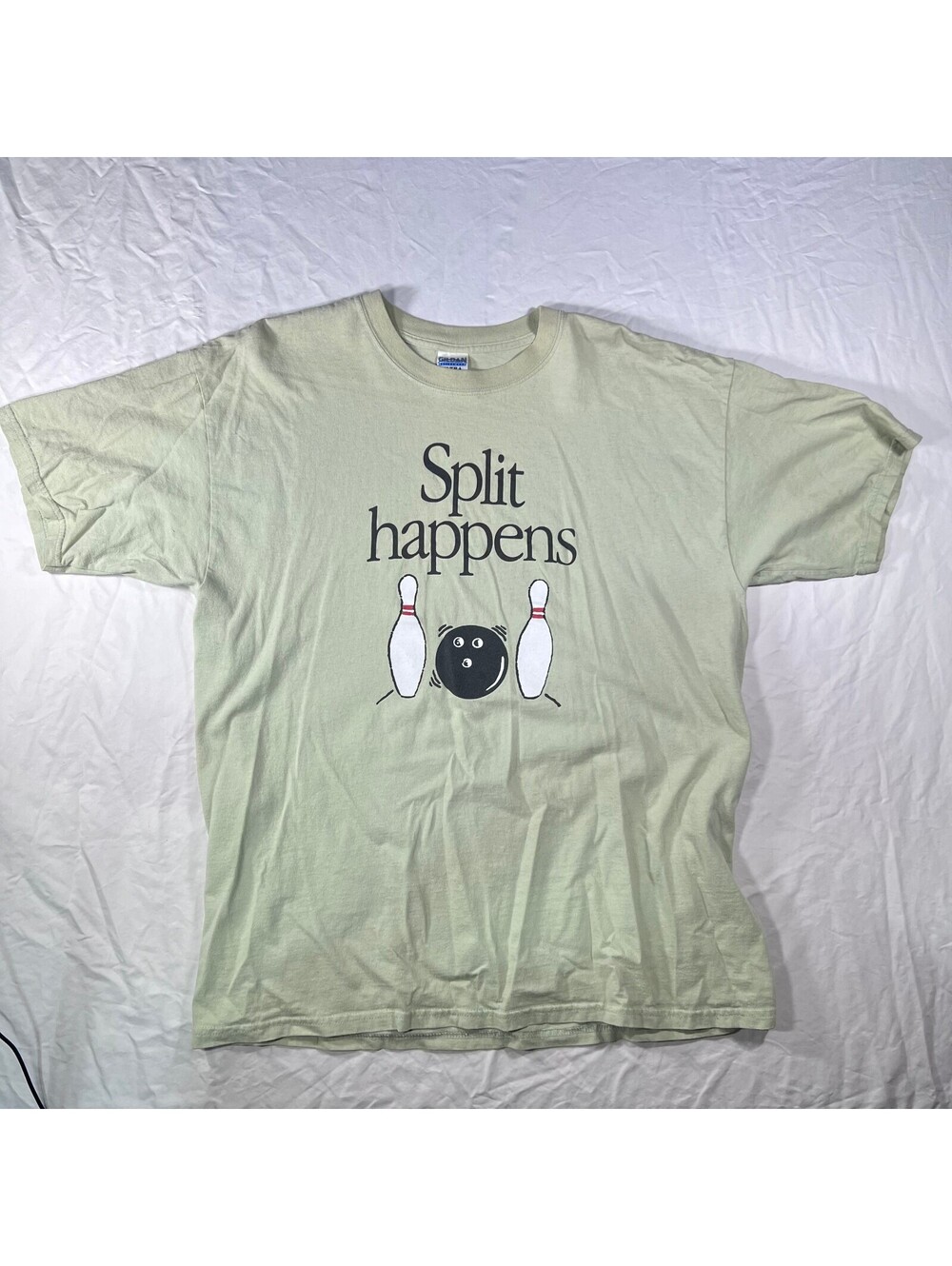 Gildan Split Happens Bowling Graphic T-Shirt XL Sage Green Heavyweight